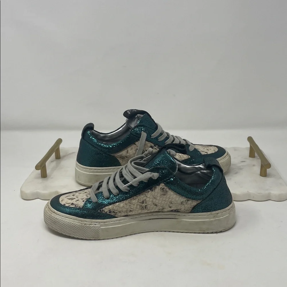 P448 Metallic Teal Snakeskin Accent Lace Sneakers Size 6